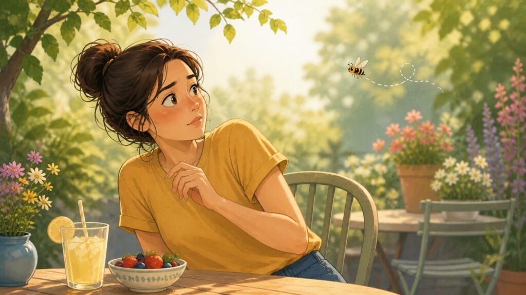 Woman feeling afraid of a wasp at a Cafe Wasp Phobia Creature Courage