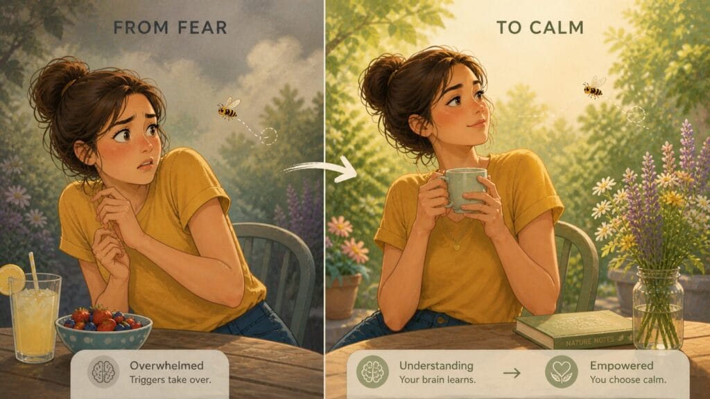 Illustration showing transition from fear of wasps to calm response in a garden setting Creature Courage