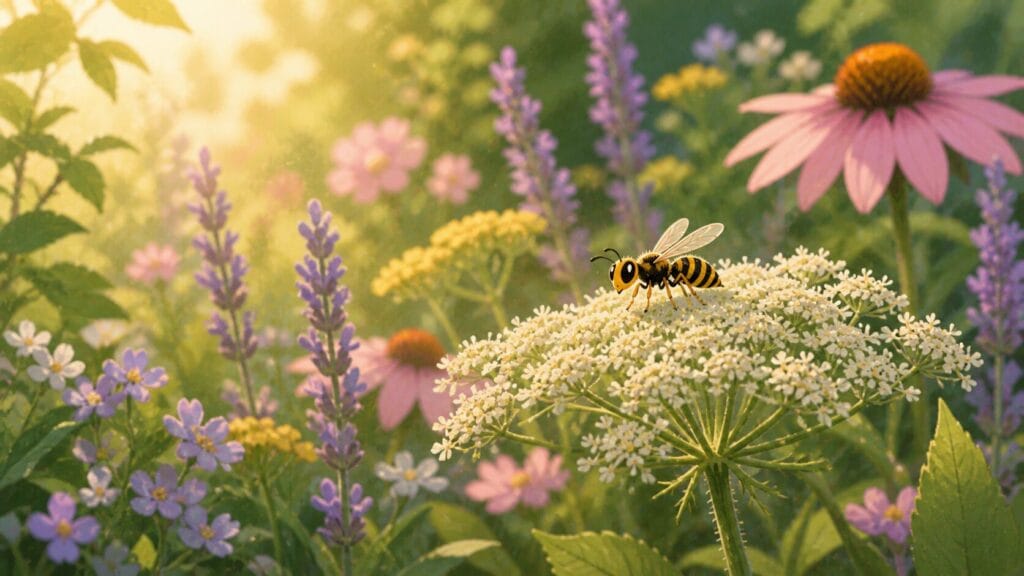 Stylised wasp resting on a flower in a garden, showing natural behaviour and reducing fear of wasps Creature Courage
