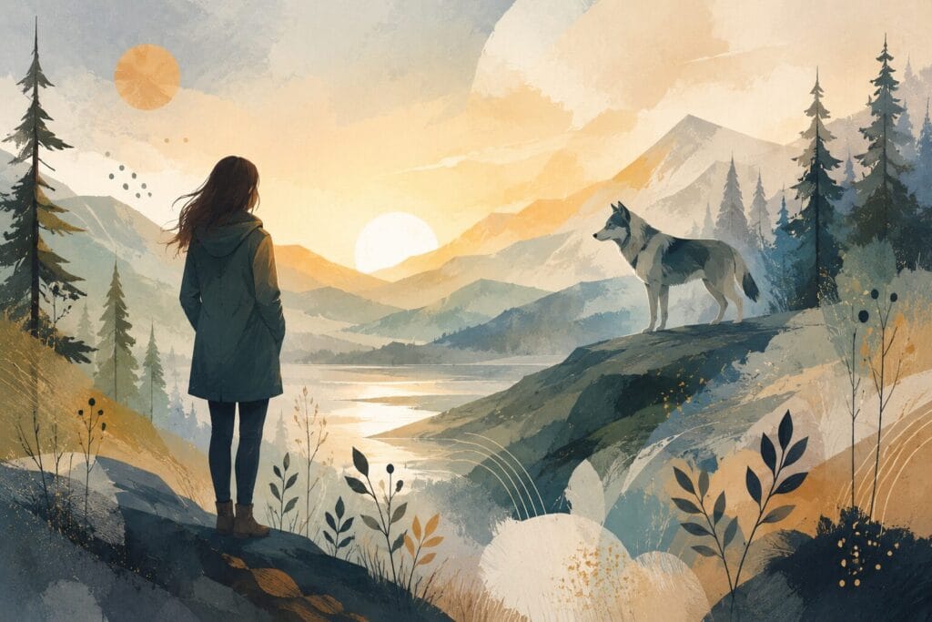 Semi-abstract illustration of a woman calmly observing a peaceful wolf in a misty mountain landscape Creature Courage
