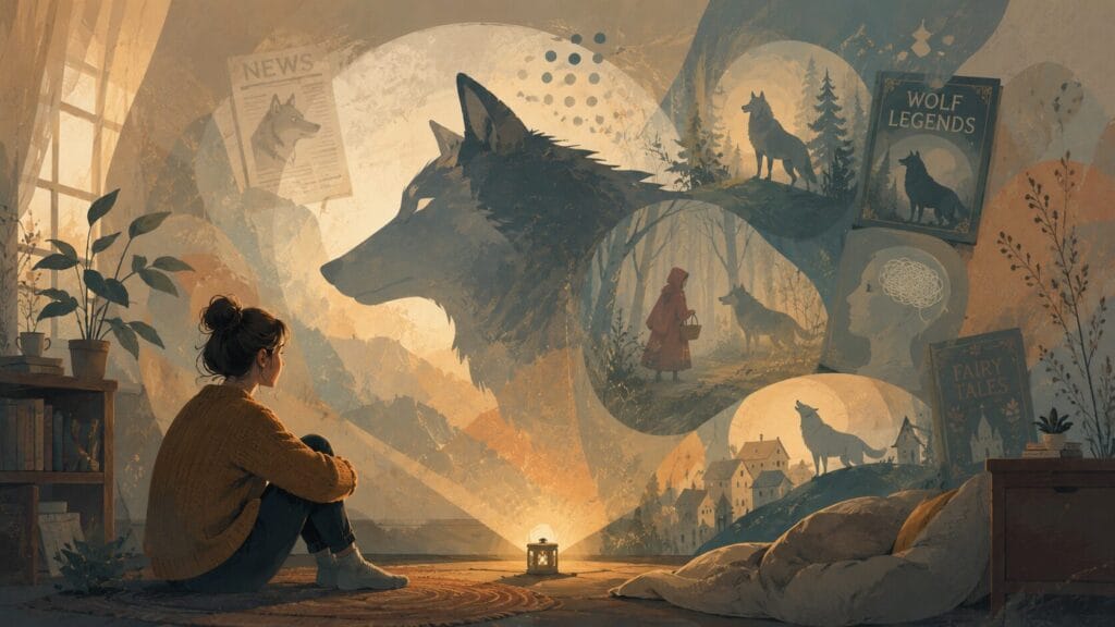 Semi-abstract illustration of a woman imagining symbolic wolves through stories, media, and folklore Creature Courage