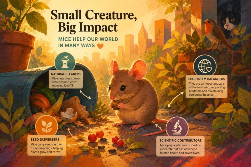Stylised infographic illustration showing positive ecological roles of mice in nature and urban environments Creature Courage