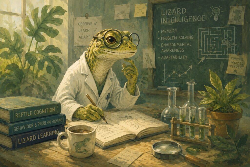 Illustrated lizard wearing a lab coat and glasses studying reptile intelligence and problem-solving abilities in a scientific setting. Creature Courage