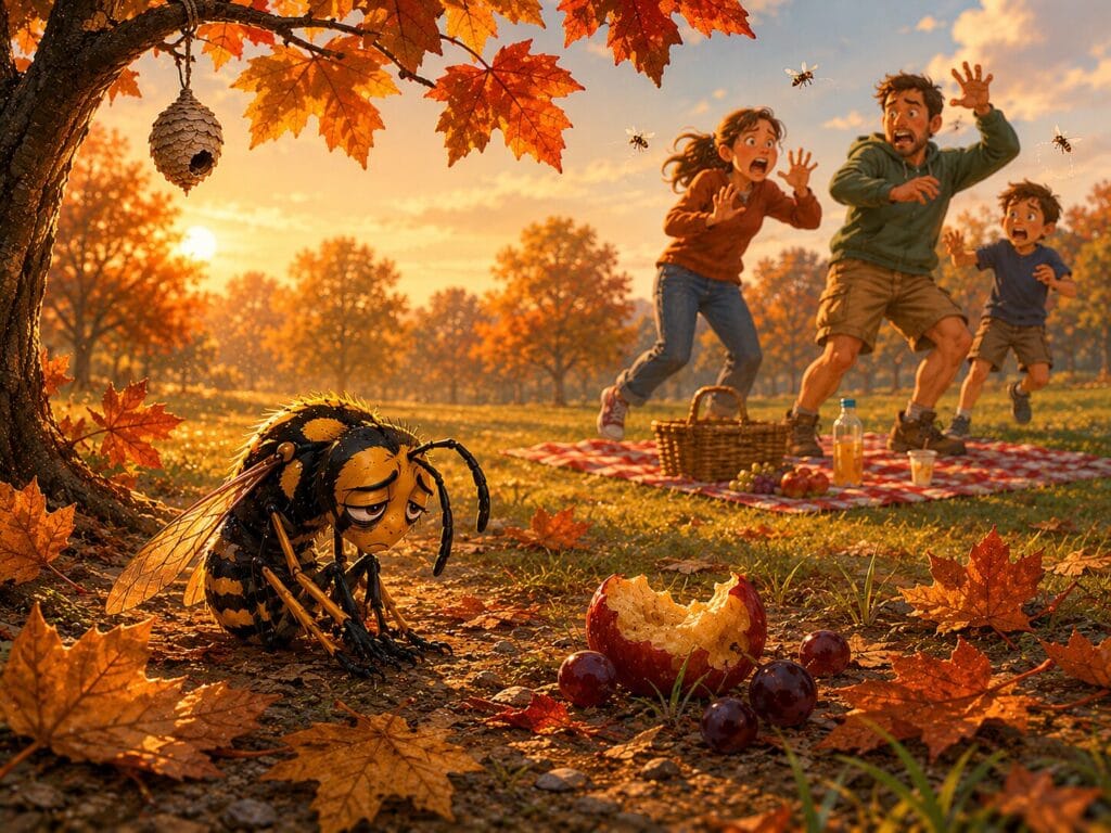 Tired stylised wasp sitting sadly in an autumn park while humans panic in the background Creature Courage