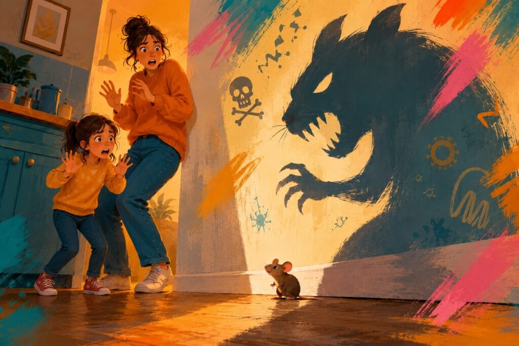 Child copying her mother's fearful reaction to a tiny mouse in a stylised neuroscience-inspired illustration Creature Courage