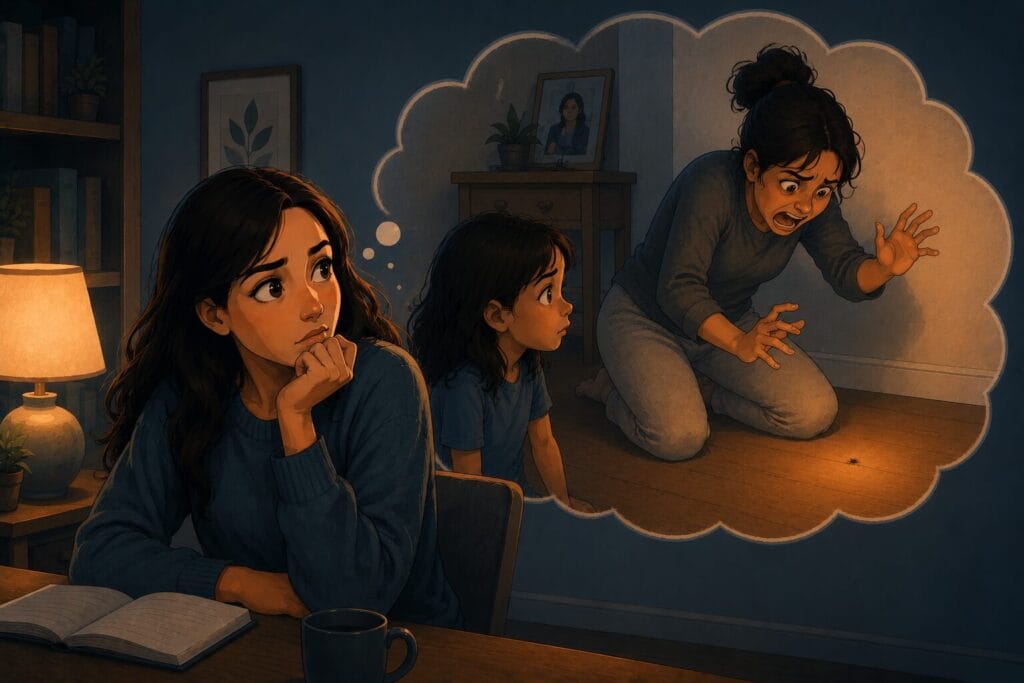 Woman reflecting on childhood memory of watching her mother panic at a tiny spider Creature Courage