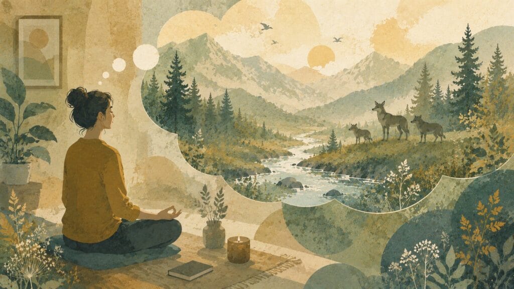 Semi-abstract illustration of a woman meditating while imagining peaceful wolves in a calm mountain landscape Creature Courage