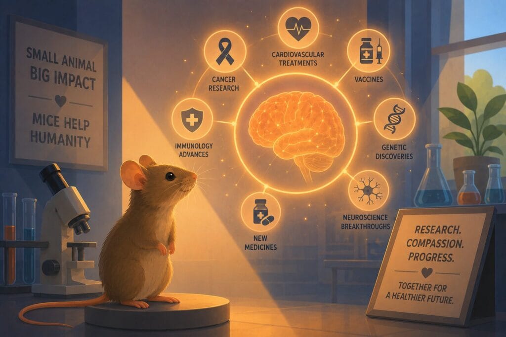 Mouse in a neuroscience laboratory setting symbolising the contribution of mice to medical research and scientific discoveries Creature Courage
