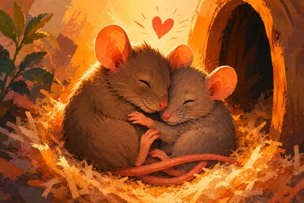 Two mice cuddling together in a warm nest, showing affection and social bonding behaviours