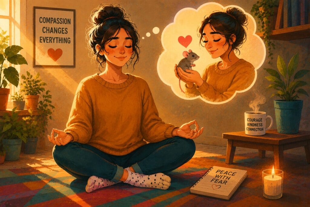Woman meditating and imagining peacefully holding a mouse in a warm abstract illustration Creature Courage