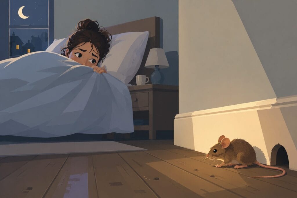 Woman anxiously watching a mouse at night from her bed in a stylised abstract bedroom illustration Creature Courage