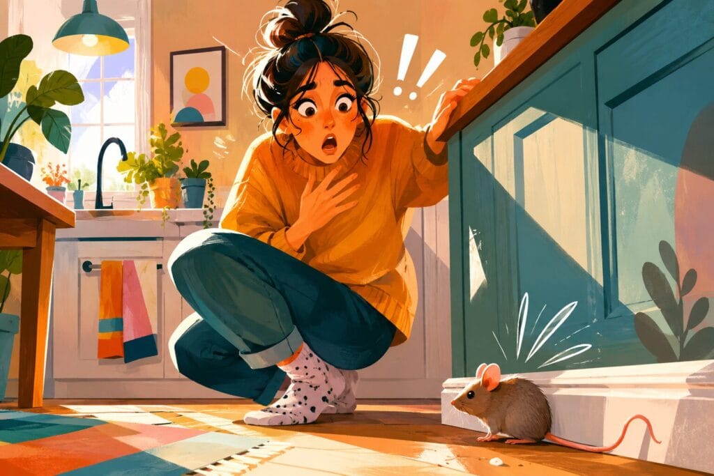 Woman startled after spotting a small mouse in a kitchen in a bright abstract editorial illustration style