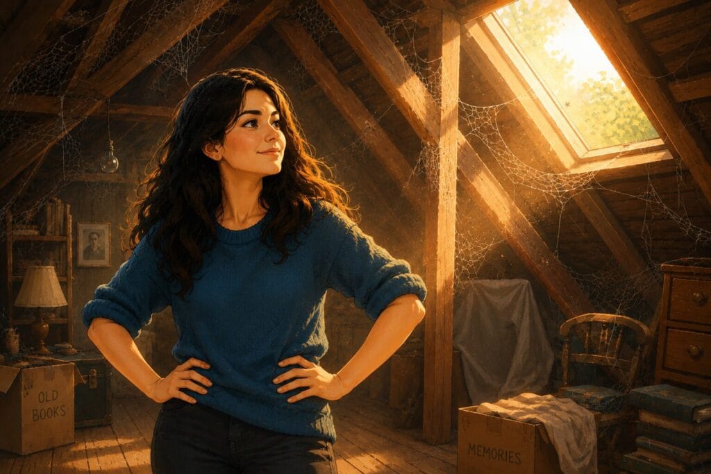 Confident woman standing calmly in a cobweb-filled attic with sunlight streaming through the roof window Creature Courage