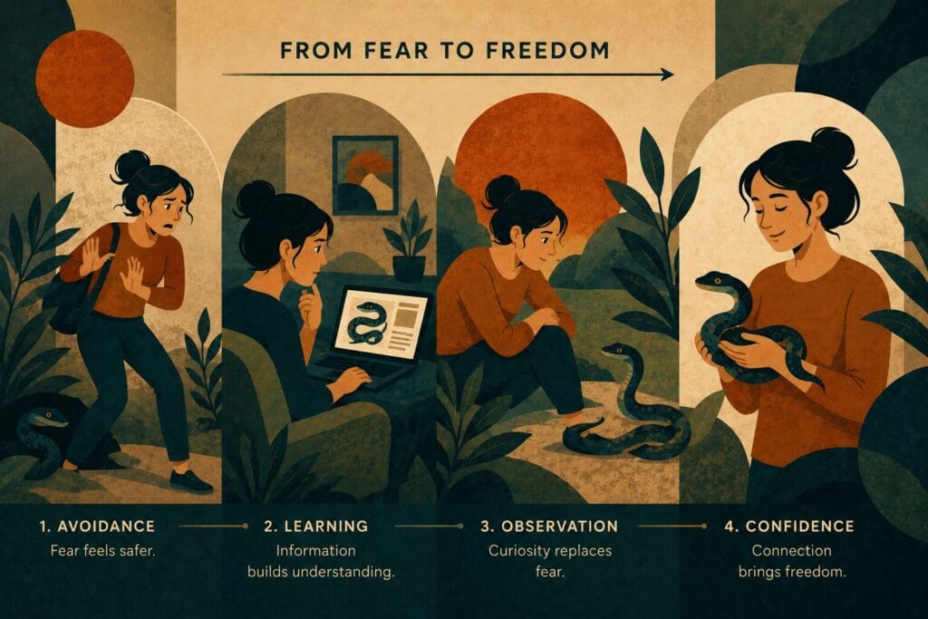 Editorial illustration showing the gradual journey of overcoming the fear of snakes from avoidance to confidence through learning and exposure Creature Courage