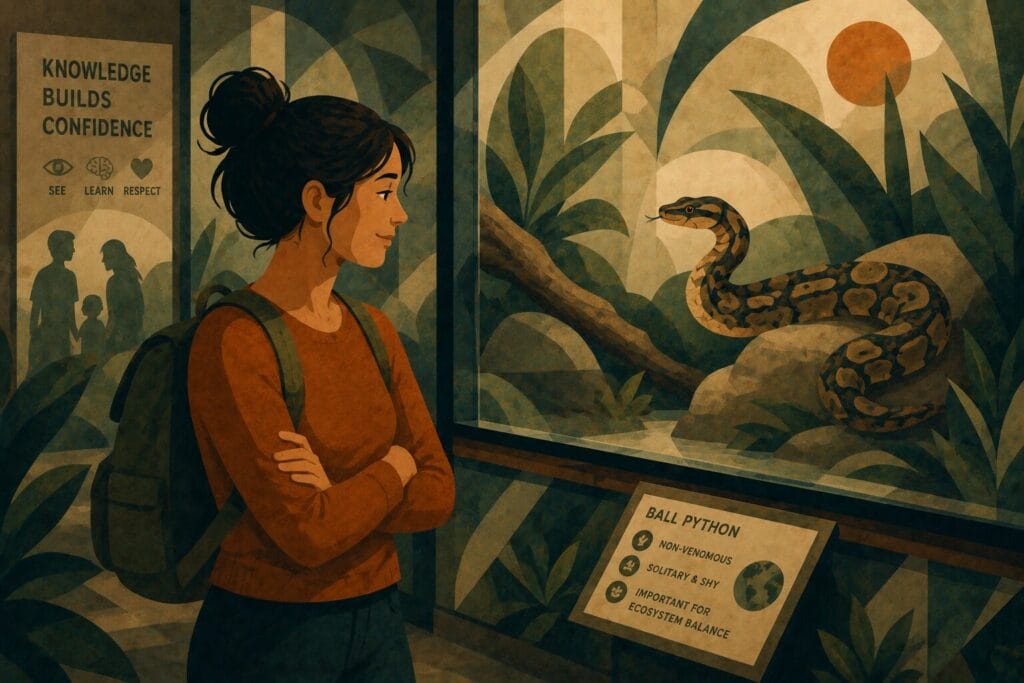 Stylised illustration of a woman calmly observing a snake at a zoo reptile exhibit representing education and overcoming ophidiophobia Creature Courage