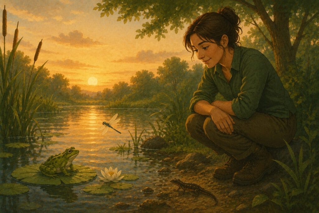 Woman peacefully observing a frog on a lily pad, a dragonfly and a small newt beside a pond at sunset, illustrating calm coexistence with reptiles and amphibians. Creature Courage
