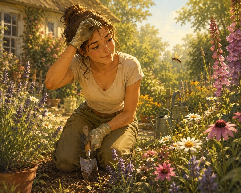 Woman gardening calmly among flowers while peacefully observing a small wasp nearby Creature Courage