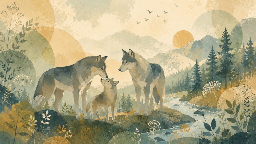 Semi-abstract illustration of a peaceful wolf family standing together in a mountain meadow at sunrise Creature Courage