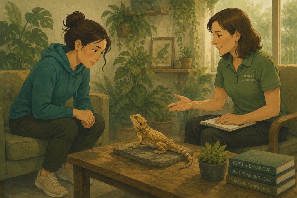 Woman participating in reptile exposure therapy with a therapist while calmly observing a bearded dragon during a guided phobia treatment session.
