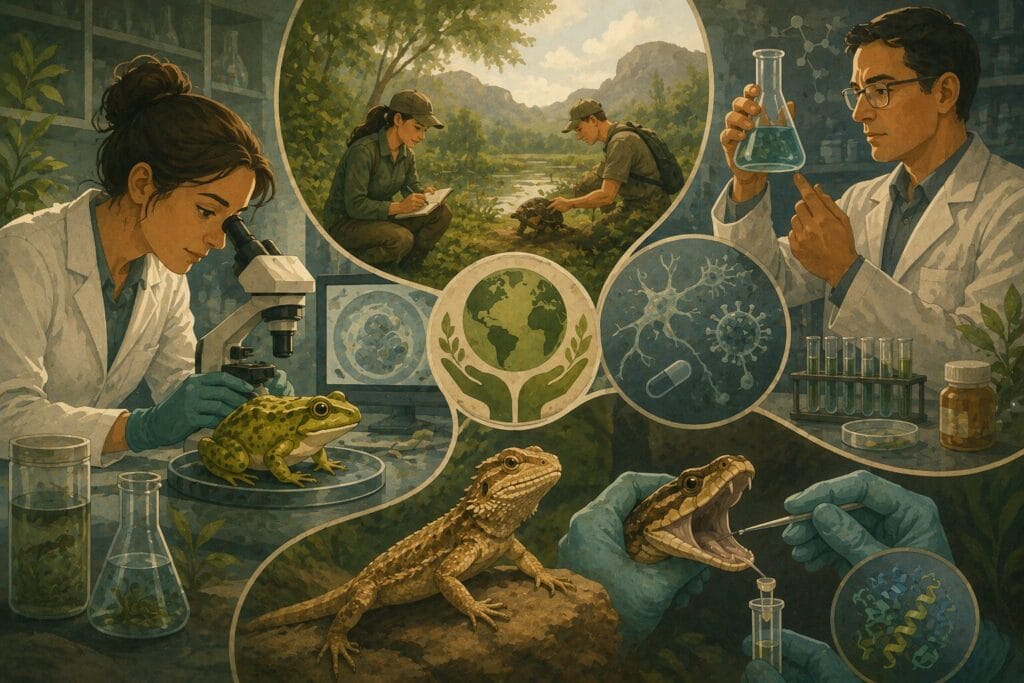 Editorial illustration showing frog research, reptile venom studies, conservation science and medical discoveries inspired by reptiles and amphibians. Creature Courage