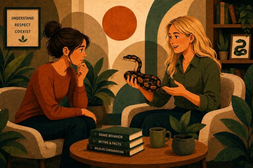 Stylised illustration of a woman learning about snakes during a calm educational therapy session for ophidiophobia
