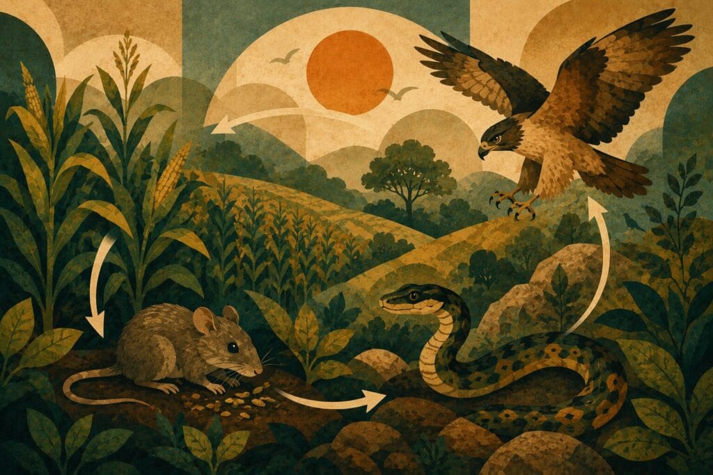 Stylised ecosystem illustration showing crops, rodents, snakes, and birds of prey connected in a natural food chain balance Creature Courage