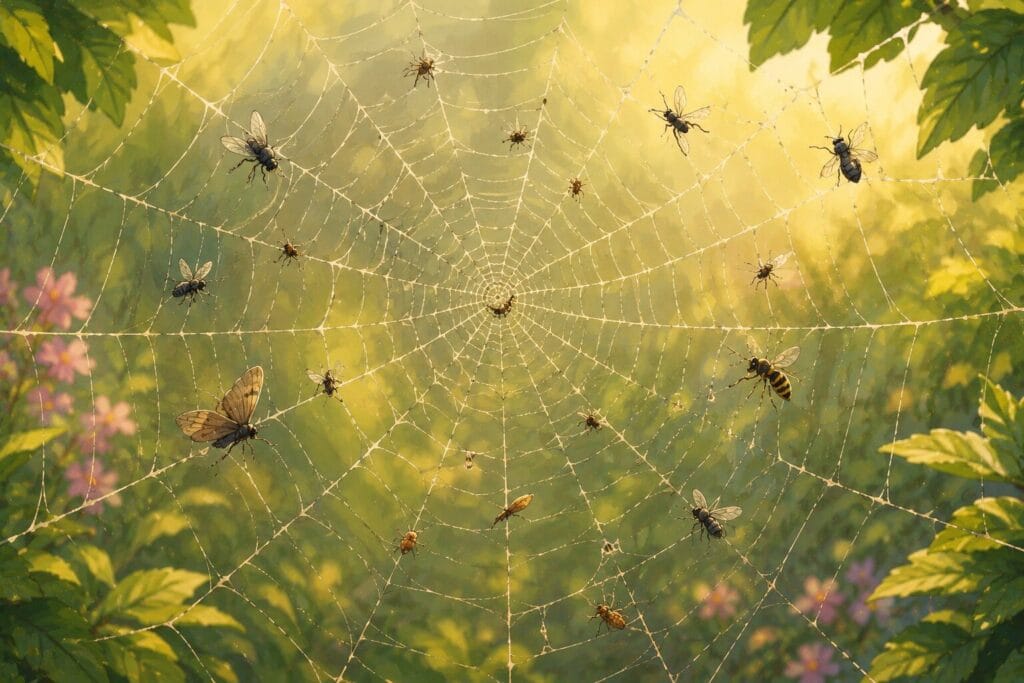 Close-up illustration of a spider web filled with trapped insects in a sunny garden Creature Courage
