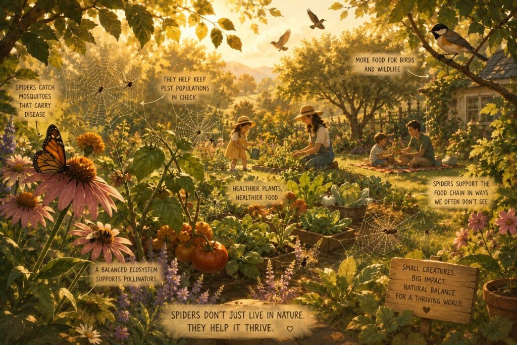 Warm illustrated garden ecosystem showing how spiders help maintain natural balance and control pests Creature Courage