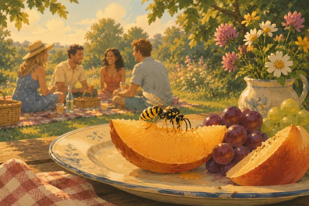 Be Mindful of Food and Sweet DrinksWasps are strongly attracted to sugary food and drinks, especially in late summer when they are desperately searching for quick energy.This means outdoor meals, fruit, fizzy drinks, cocktails, and ice cream can unintentionally attract them.One surprisingly effective technique is setting up a small “decoy” plate of sugary food slightly away from where people are sitting. This can sometimes encourage wasps to focus their attention elsewhere instead of hovering around the main eating area.Keeping drinks covered where possible can also reduce unpleasant surprises. Creature Courage