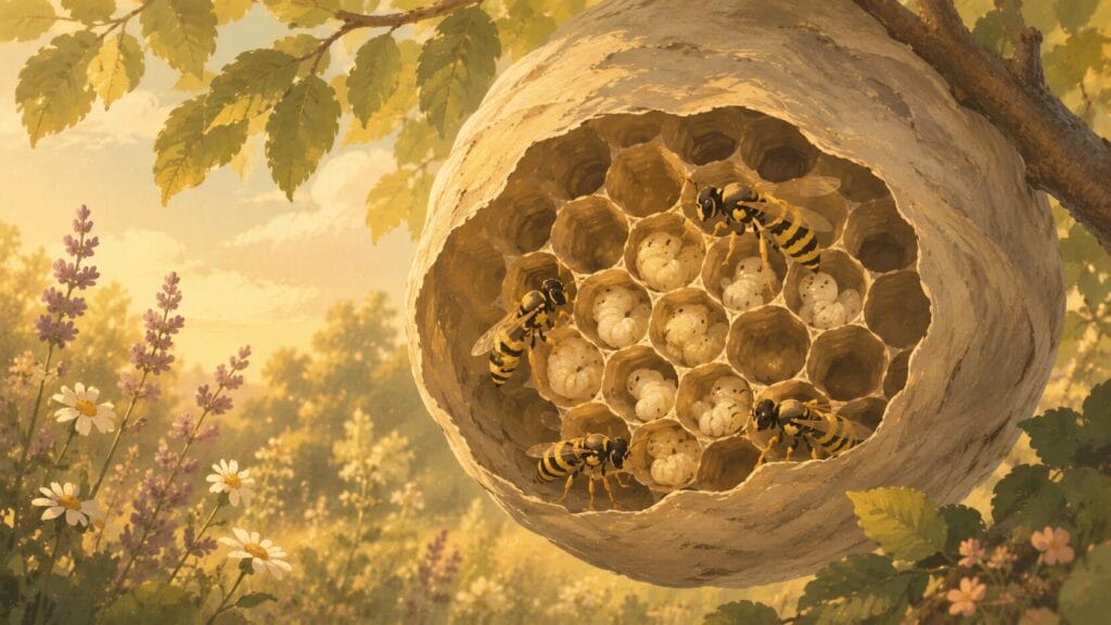 Illustrated wasp nest with worker wasps caring for larvae in a peaceful natural environment
