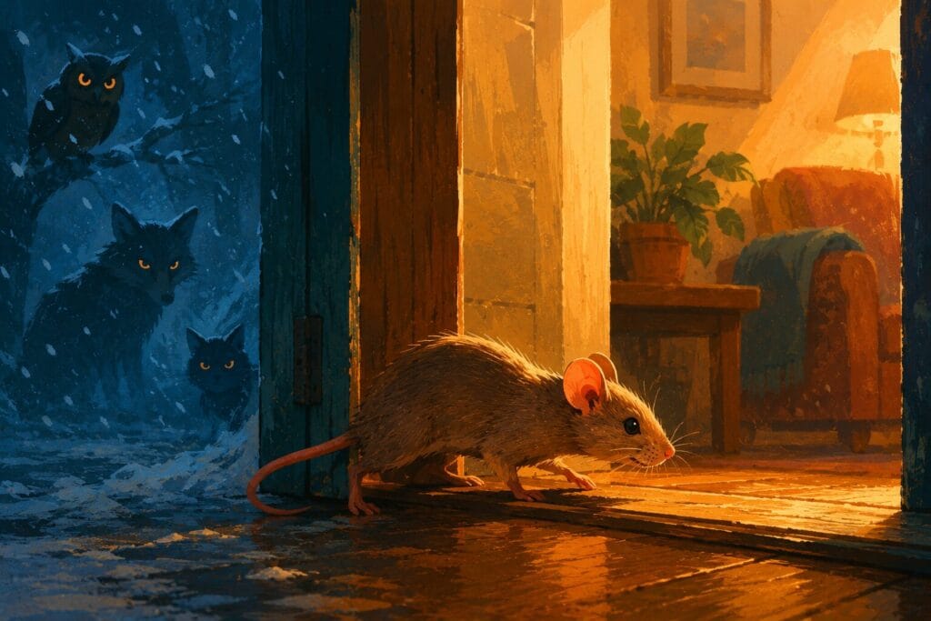 Small mouse cautiously entering a warm home while predators and winter weather remain outside Creature Courage
