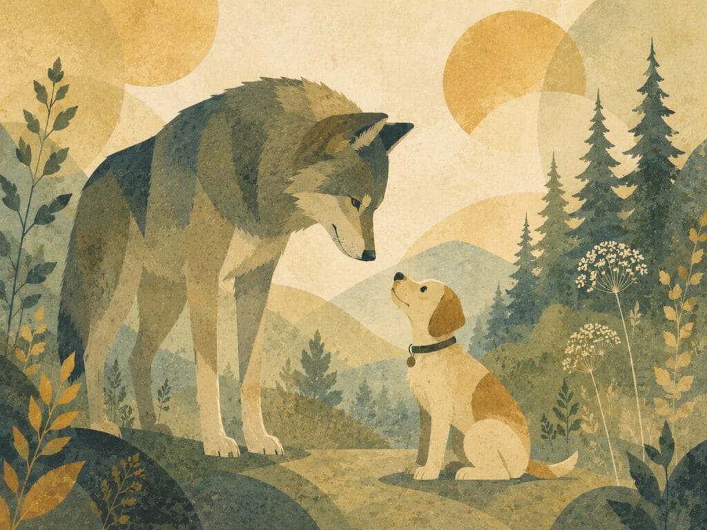 Semi-abstract illustration of a wolf peacefully looking down at a small domesticated dog Creature Courage