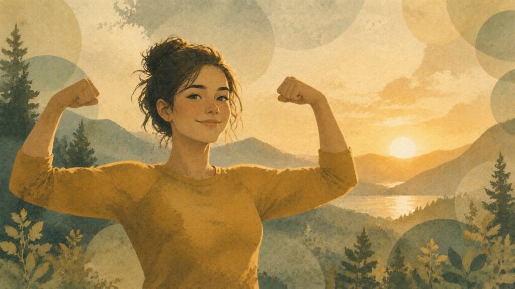 Semi-abstract illustration of a confident woman flexing her arms outdoors at sunrise Creature Courage