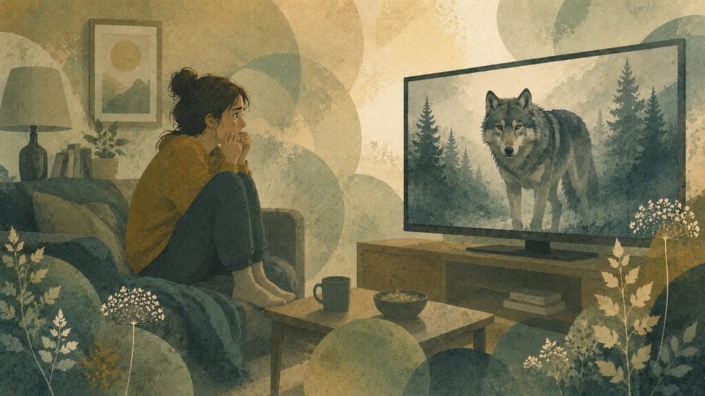Semi-abstract illustration of a frightened woman watching a wolf on television Creature Courage