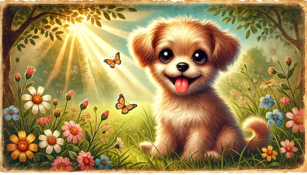 Cute illustrated dog sitting in a sunny flower meadow surrounded by butterflies, representing a positive and friendly view of dogs.