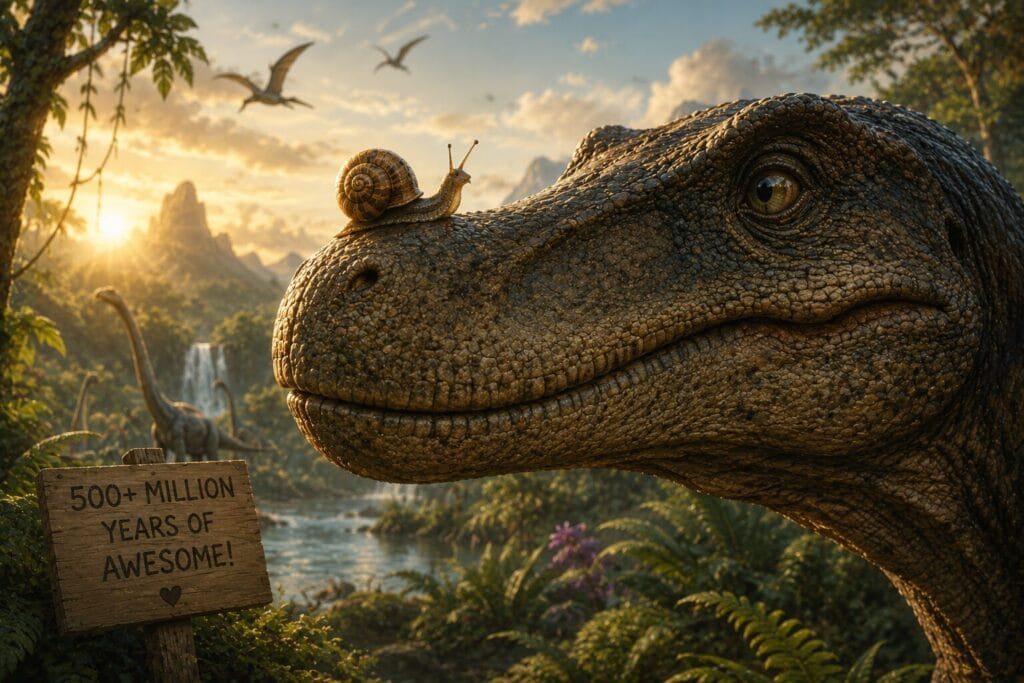 Garden snail resting on the snout of a friendly dinosaur in a prehistoric landscape, illustrating that snails existed long before dinosaurs appeared. Creature Courage