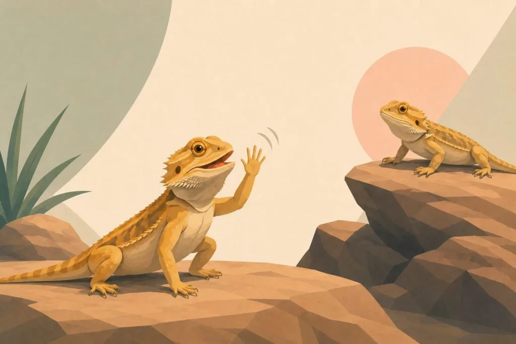 Two bearded dragons communicating through arm waving and body language in a stylised desert landscape. Creature Courage