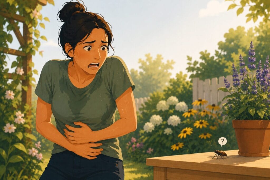 Woman sweating and clutching her stomach in a garden while reacting anxiously to a harmless insect nearby. Creature Courage