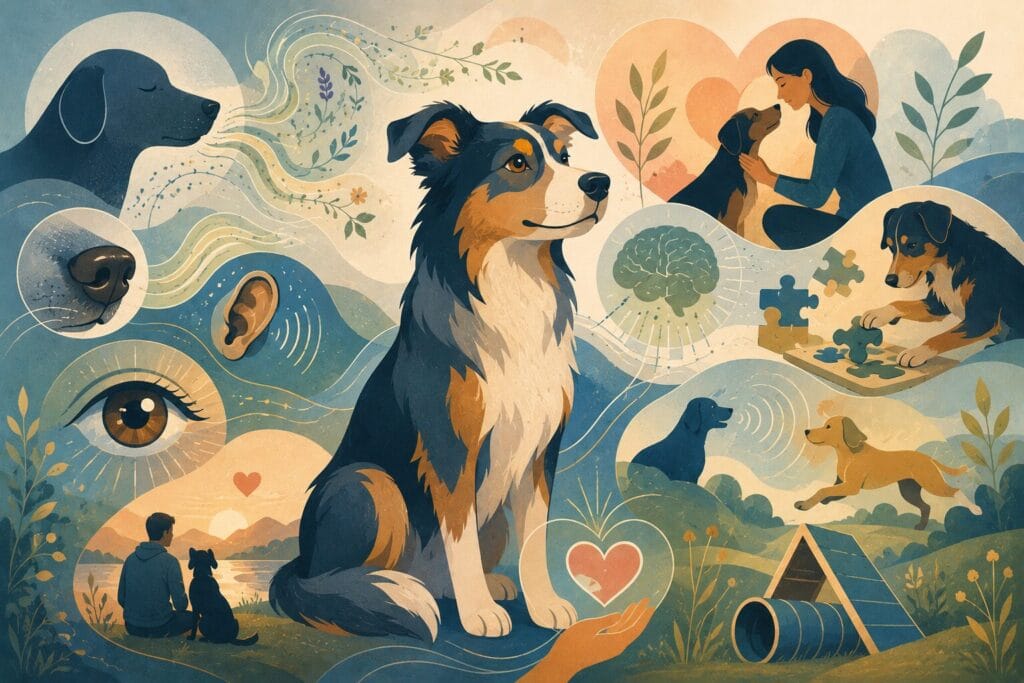 Illustration highlighting the intelligence and abilities of dogs.