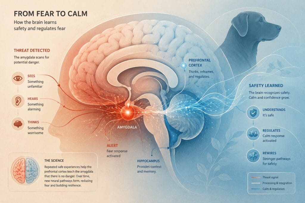 Illustration showing how the brain processes a fear of dogs.