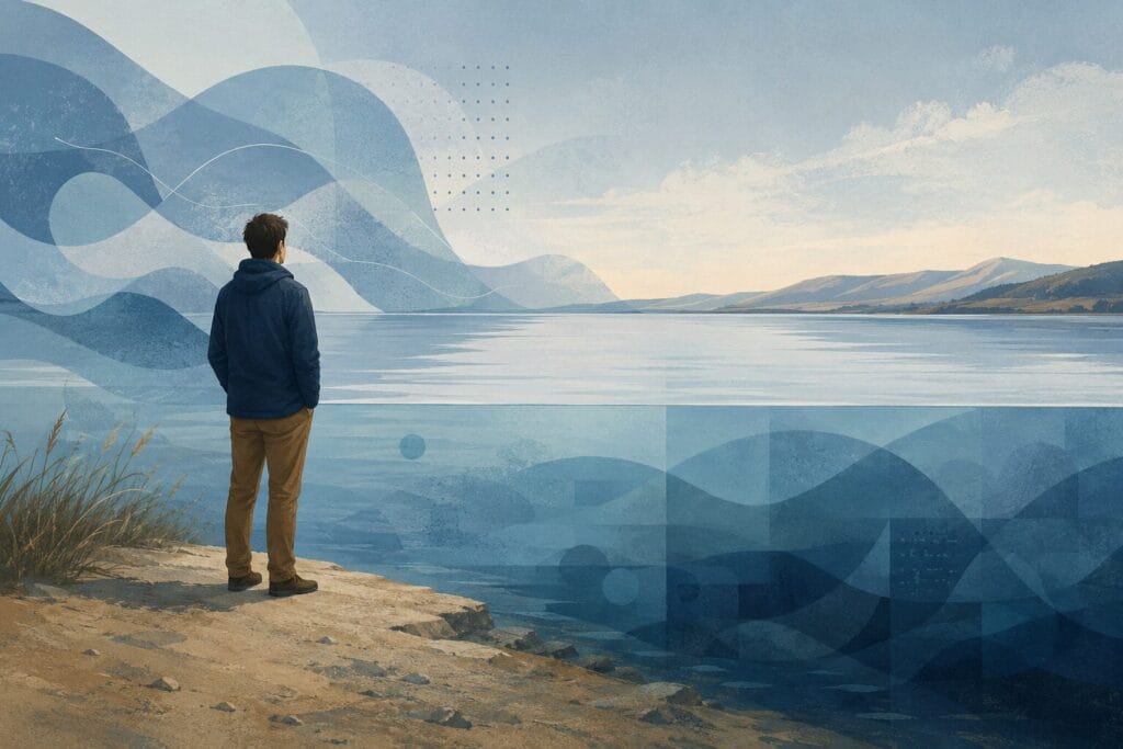 Person experiencing anxiety related to a fear of fish near a body of water.