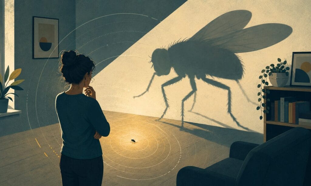 Editorial illustration showing a tiny stylised fly casting a large shadow across a room while a person watches from a distance, representing the fear of flies and the amplification of perceived threat.