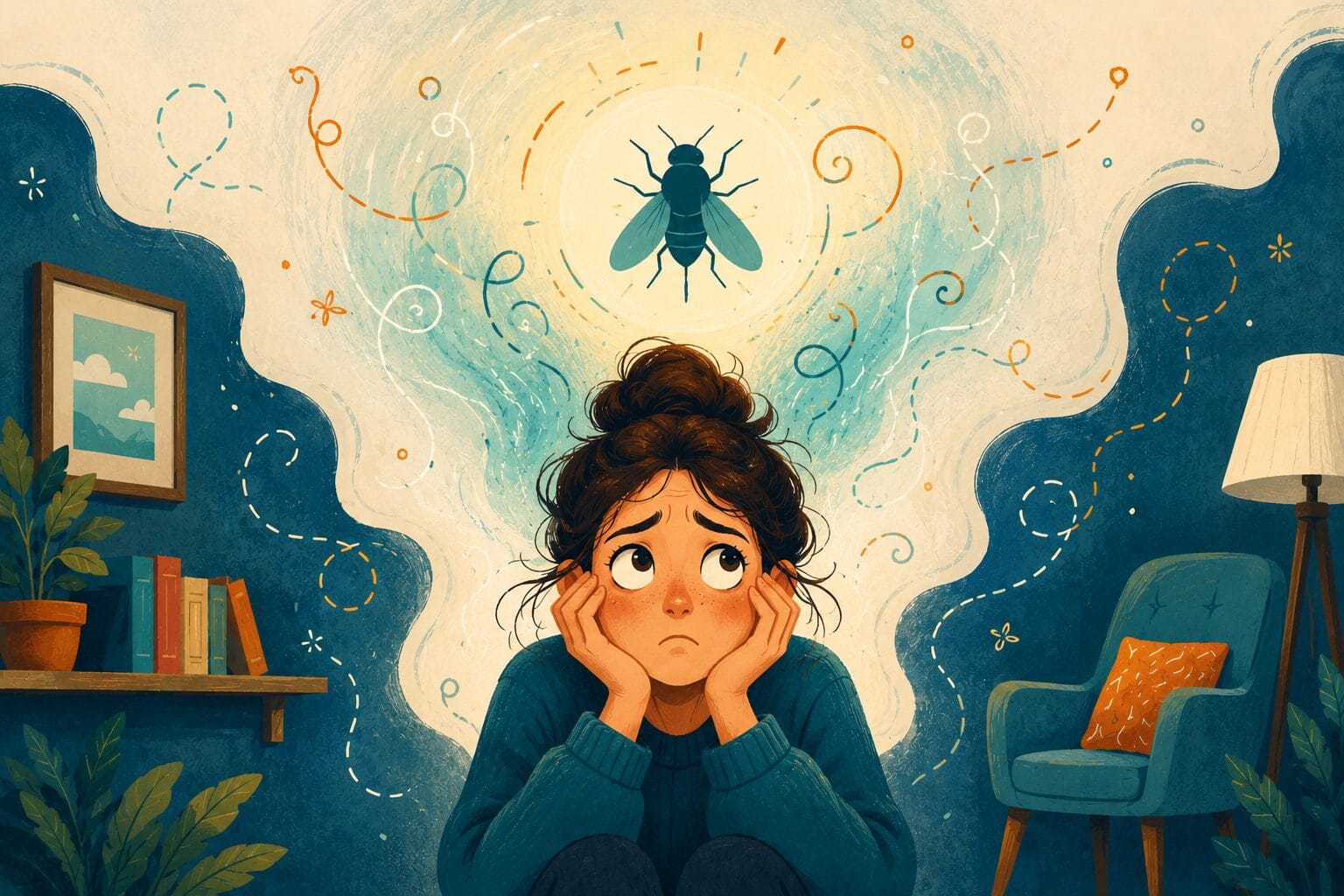 fear-of-flies-phobia-cover-illustration-Creature-Courage Whimsical illustration of a person feeling anxious while a stylised fly symbol hovers above them, representing the fear of flies in a gentle and non-threatening way.