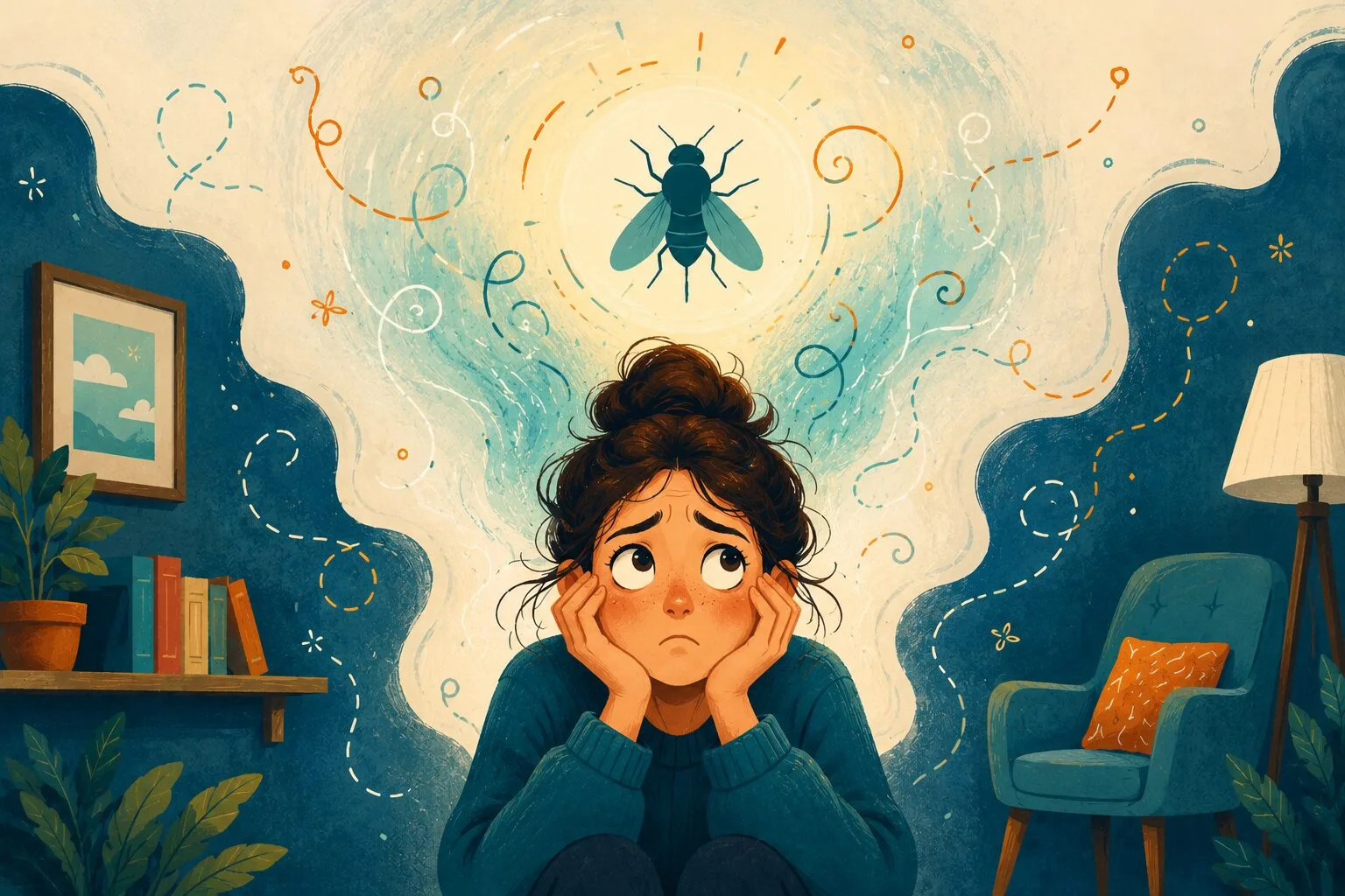 Whimsical illustration of a person feeling anxious while a stylised fly symbol hovers above them, representing the fear of flies in a gentle and non-threatening way.