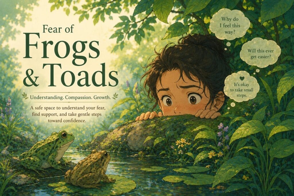 Whimsical illustration of a person cautiously observing frogs beside a peaceful woodland pond, representing the fear of frogs and toads in a gentle and non-threatening way.
