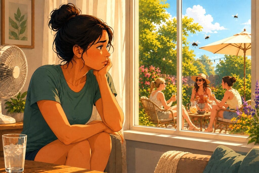 Woman looking longingly out of a window at friends enjoying a sunny garden while avoiding going outside because of her fear of insects. Creature Courage