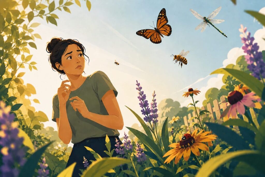 Woman with dark hair in a bun looking anxious as a butterfly, bee, beetle and dragonfly fly nearby in a peaceful garden. Creature Courage
