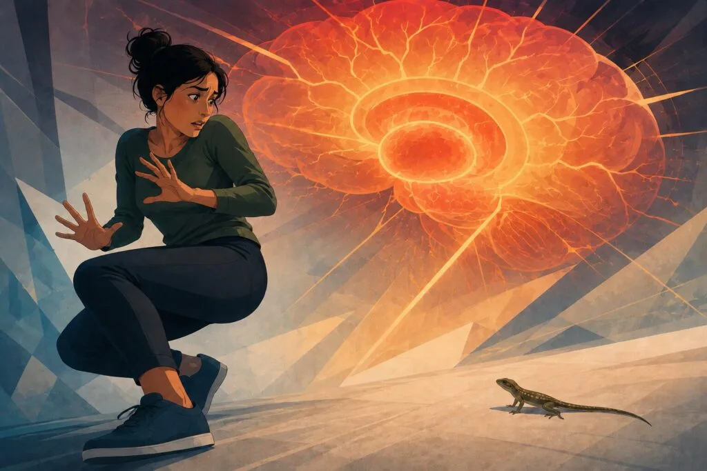 Woman reacting fearfully to a tiny lizard while a large glowing amygdala symbolises the brain's fear response Creature Courage.