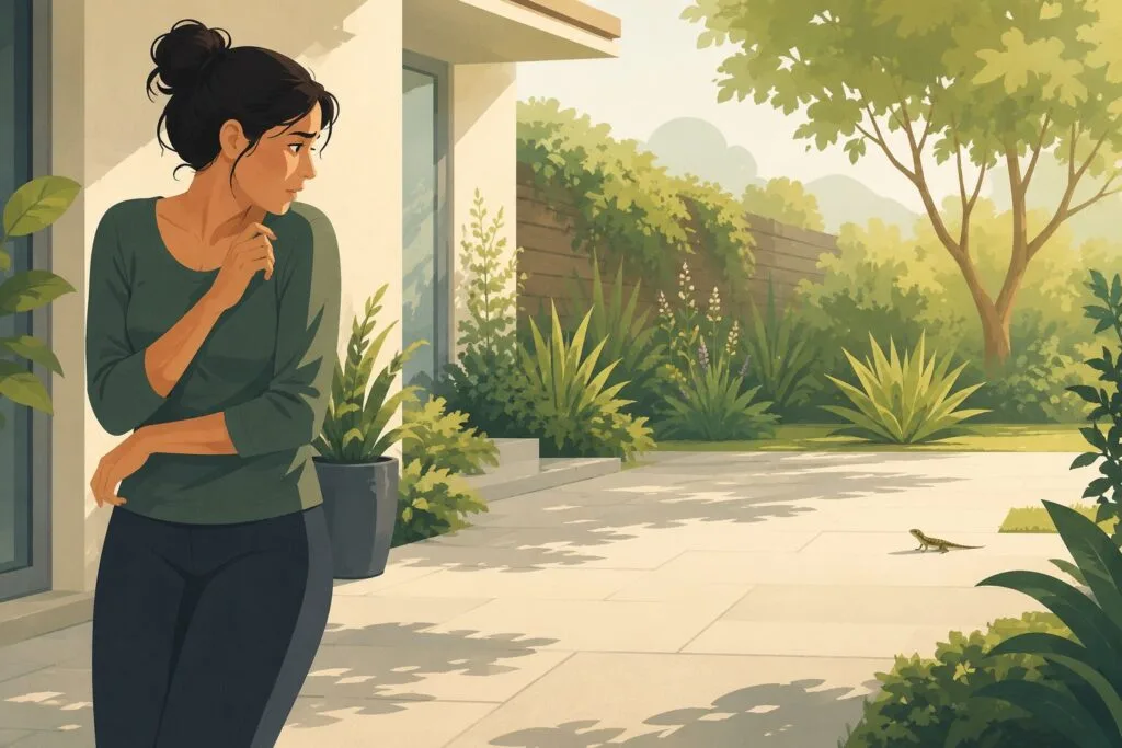 Woman with a fear of lizards nervously observing a small harmless lizard in a sunny garden setting Creature Courage