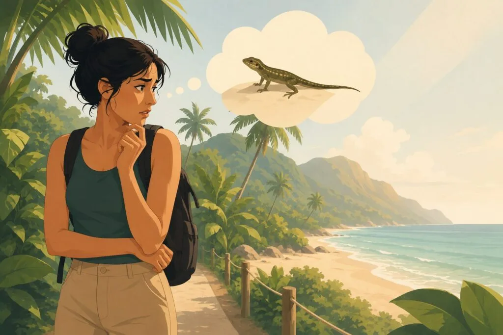 Woman with a fear of lizards looking worried while imagining a lizard during a tropical holiday destination. Creature Courage